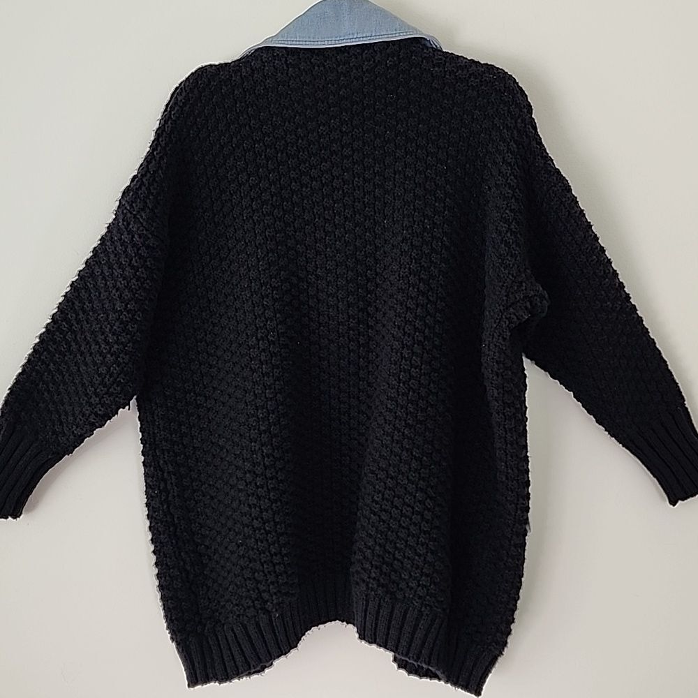Davi & Dani Denim Collar Black Chuncky Knit  Button Front Cardigan Oversized S - Picture 5 of 14